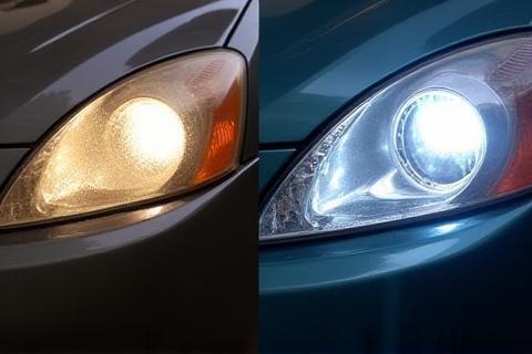 Before and after comparison of headlamp restoration showing a clear, restored headlamp