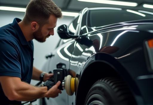 Shine Auto Care Japan team member meticulously polishing a car