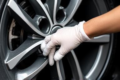 Detailing technician cleaning a car wheel